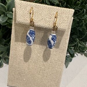 Blue and white China beaded drop earrings in gold tone